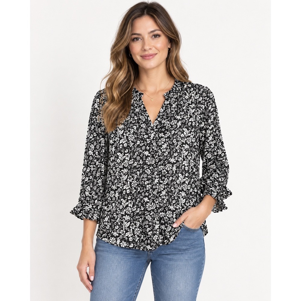 J.Crew Women's XL Black White Floral Blouse Ruffle Sleeve Viscose Ecovero